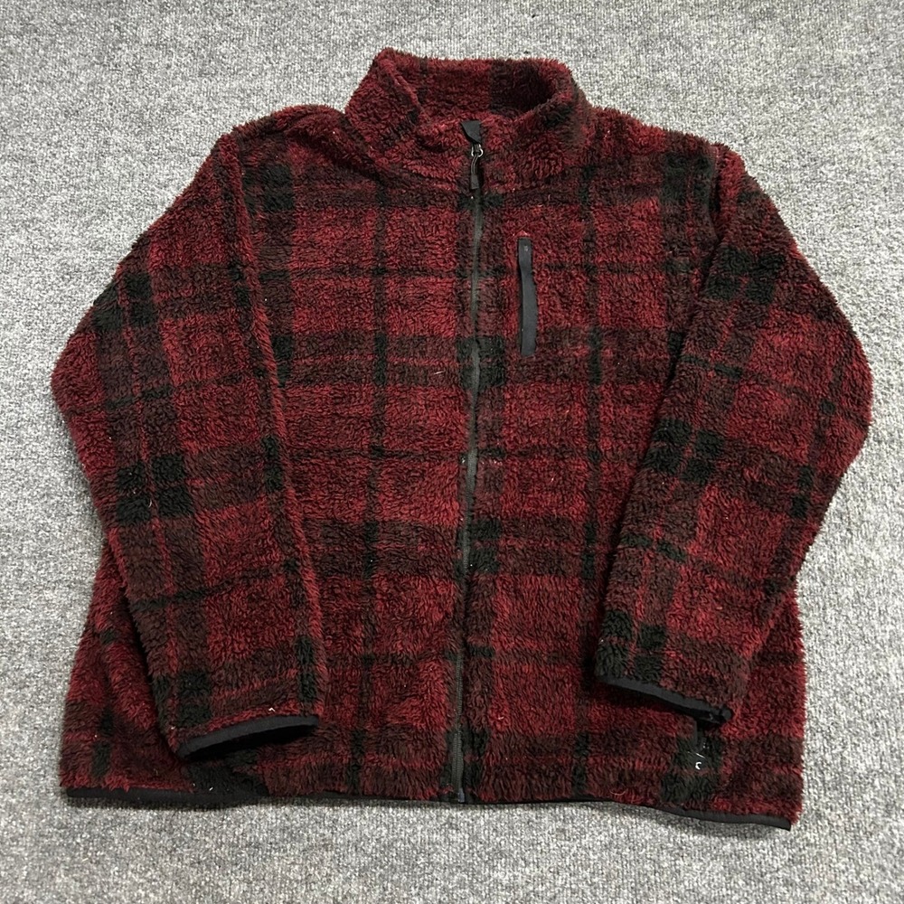 Eddie Bauer Fleece Jacket Womens XXL Red Black Plaid Sherpa Full Zip Outdoor